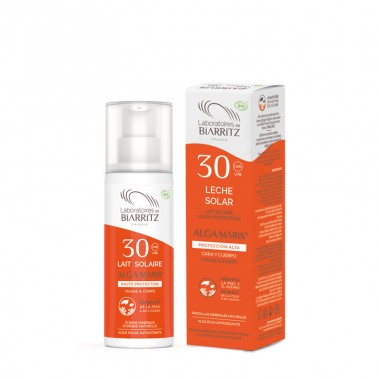 Leche Solar Cara & Cuerpo Spf30, con principios activos naturales que protegen la piel seca o sensible.